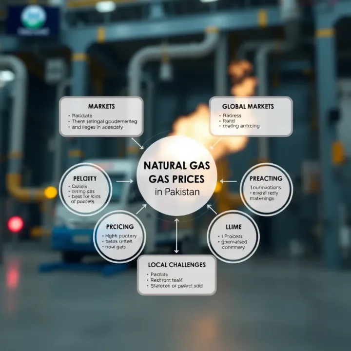 Key Elements Impacting Natural Gas Prices in Pakistan Diagram showing factors affecting natural gas pricing including global markets, policies, and local challenges