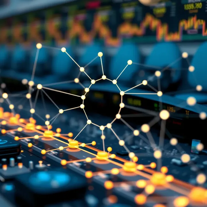 Visual representation of blockchain technology with digital nodes connected, symbolizing Filecoin's decentralized network