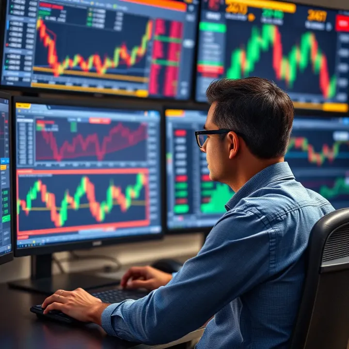 Illustration of a trader analyzing forex charts on multiple screens with financial data and currency symbols