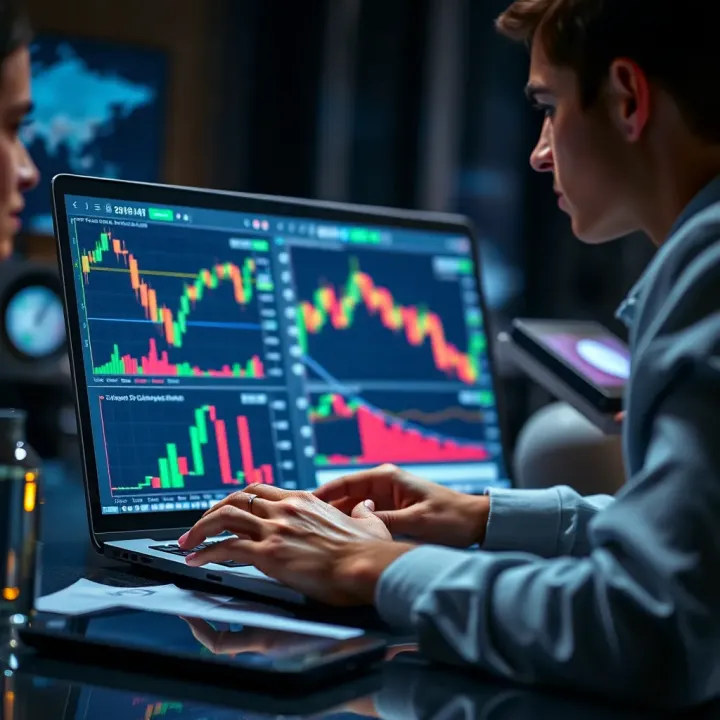 Illustration of a person analyzing forex trading data on a laptop with charts and graphs
