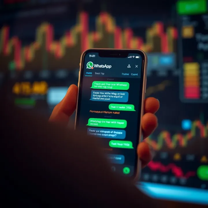 Mobile phone screen displaying a WhatsApp group chat focused on forex trading with market charts and messages