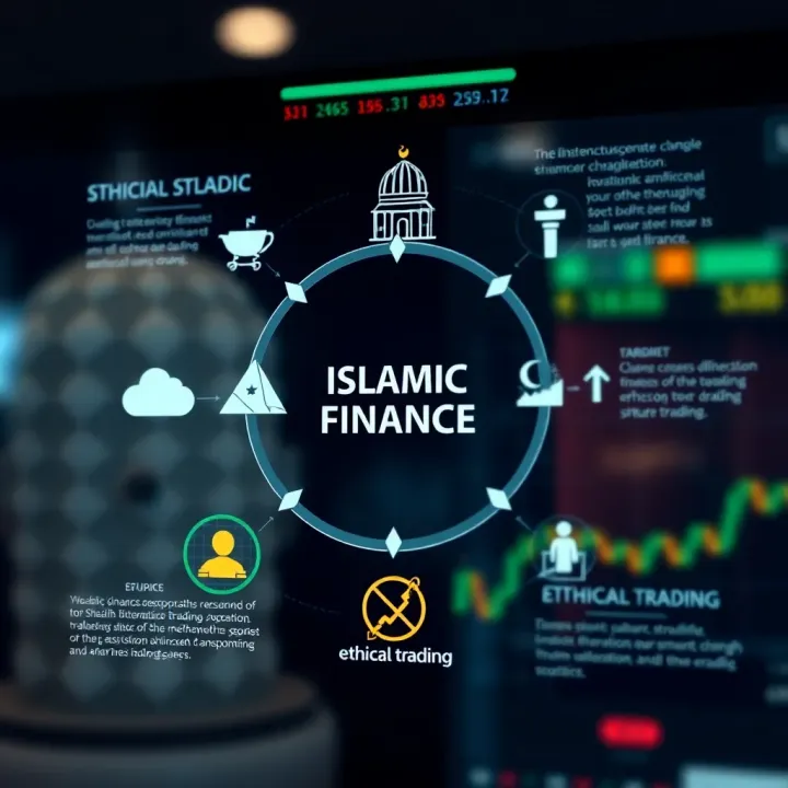 Conceptual diagram illustrating the principles of Islamic finance with symbols representing Shariah compliance and ethical trading