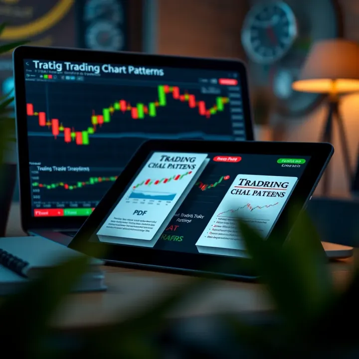 Collection of free PDF resources and books on trading chart patterns displayed on a digital tablet and laptop screen