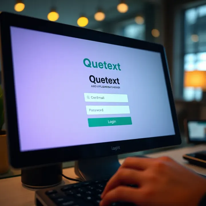 User interface showing Quetext login screen with fields for email and password