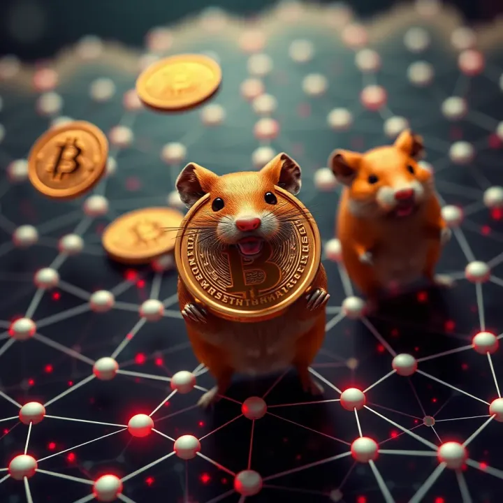 Digital tokens representing the Hamster Kombat airdrop floating over a stylized blockchain network background
