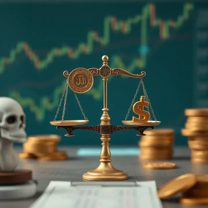 Illustration showing a balance scale with Islamic symbols and currency signs representing halal and haram concepts in forex trading