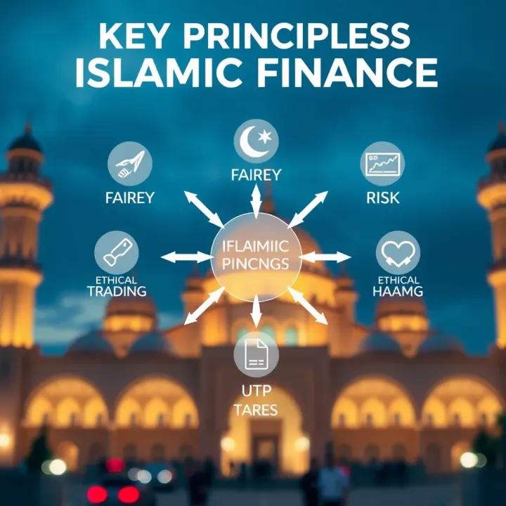 Diagram illustrating core principles of Islamic finance with icons representing fairness, risk, and ethical trading