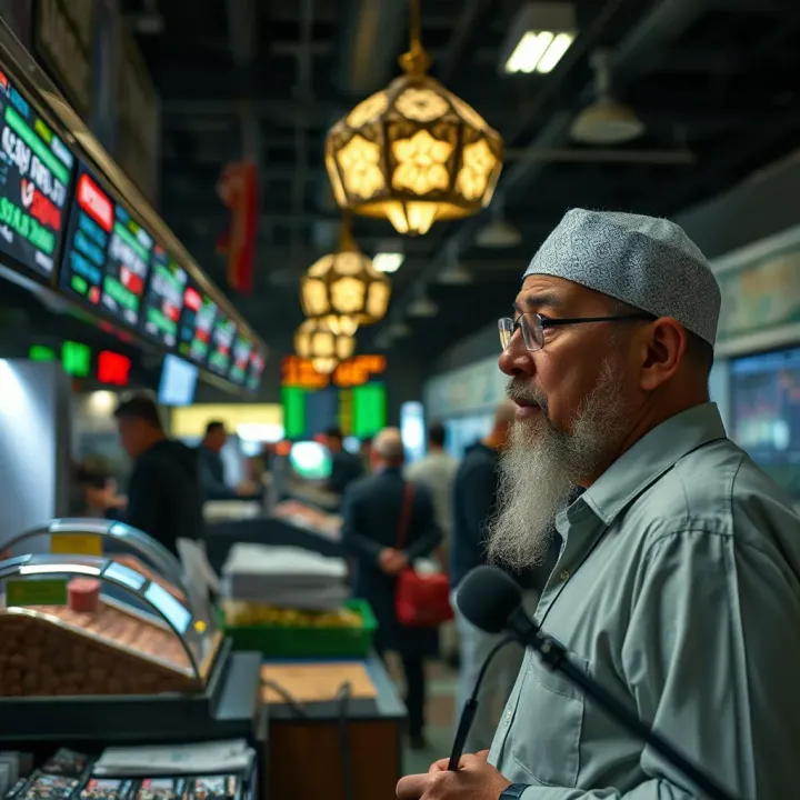 Depiction of a market scene with ethical trading practices guided by Islamic teachings