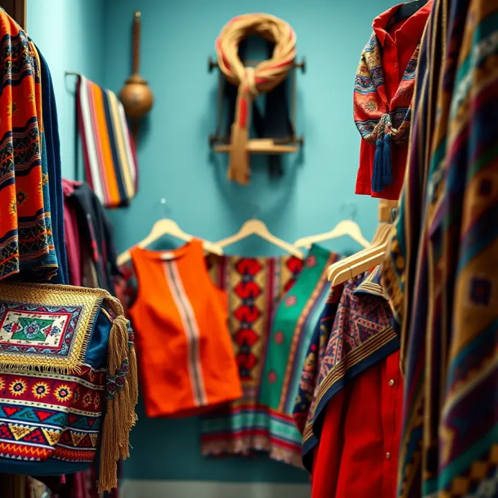 Display of diverse artisanal clothing and accessories from Mata Traders showcasing vibrant colors and traditional designs