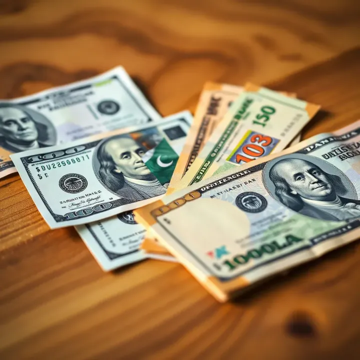 Comparing US Dollar and Pakistani Rupee Banknotes for Currency Conversion Close-up of Pakistani rupee banknotes alongside US dollar bills on a wooden table