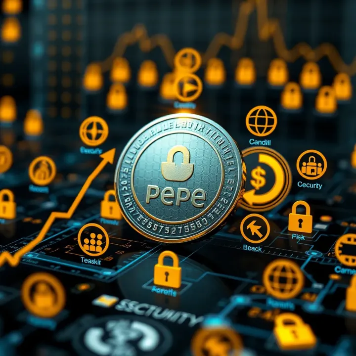 Digital representation of Pepe Coin surrounded by community icons and security symbols