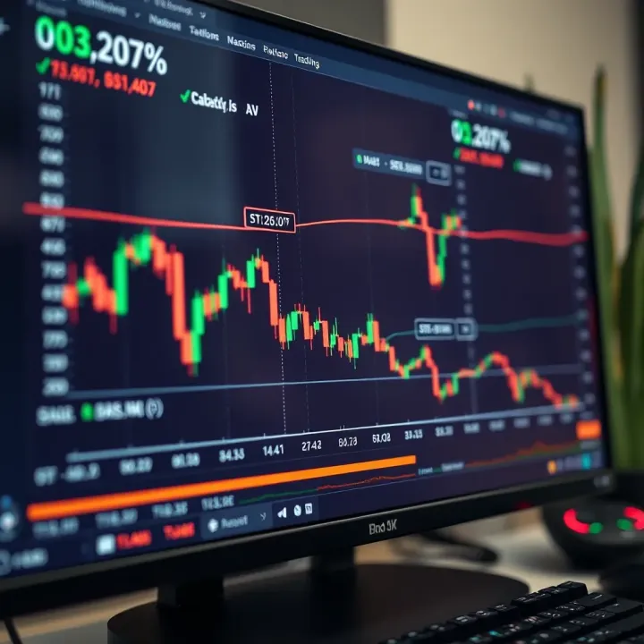 Graph showing fluctuating cryptocurrency market trends on a computer screen with trading indicators