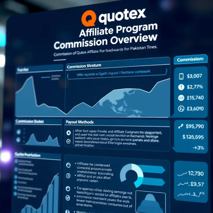 Detailed infographic illustrating the commission structure and payout methods of the Quotex affiliate program