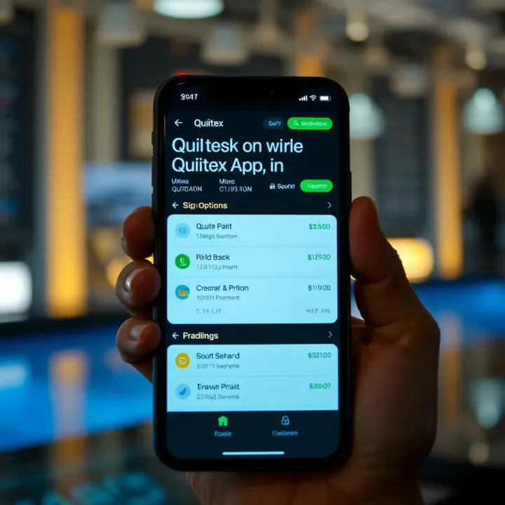 Mobile phone displaying Quotex trading platform interface with clear options and charts