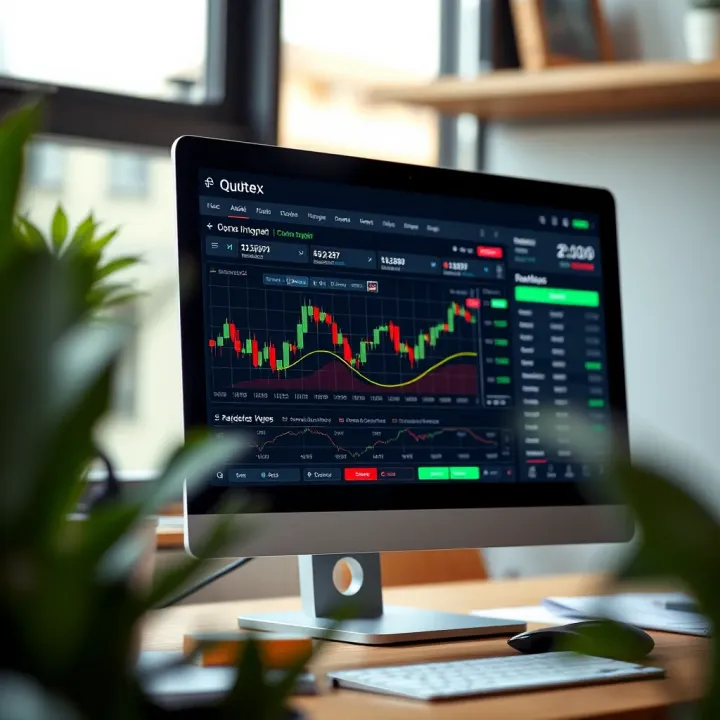 Desktop computer screen showing the Quotex trading application interface with charts and trading options visible