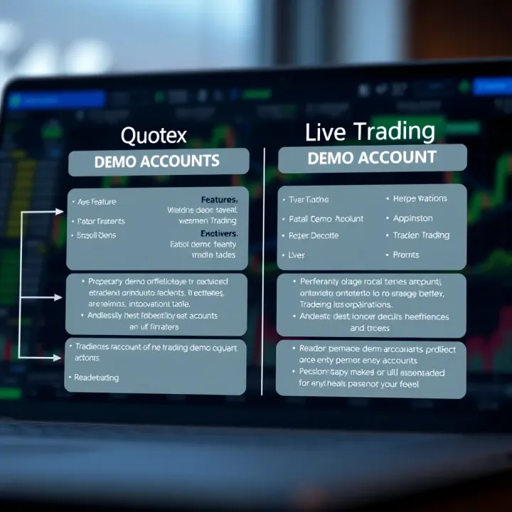 Diagram comparing features and benefits of Quotex demo account versus live trading account