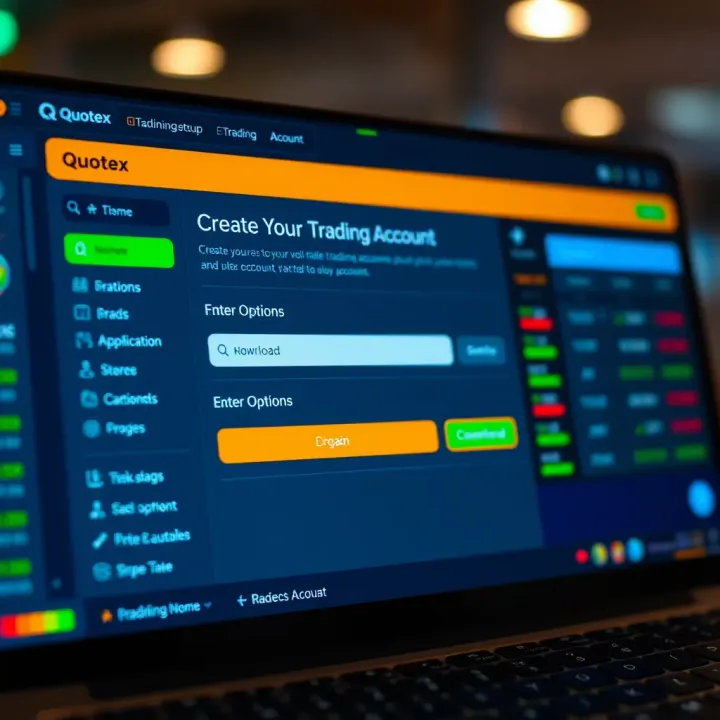Visual guide showing the steps to create a trading account on Quotex with clear options and buttons