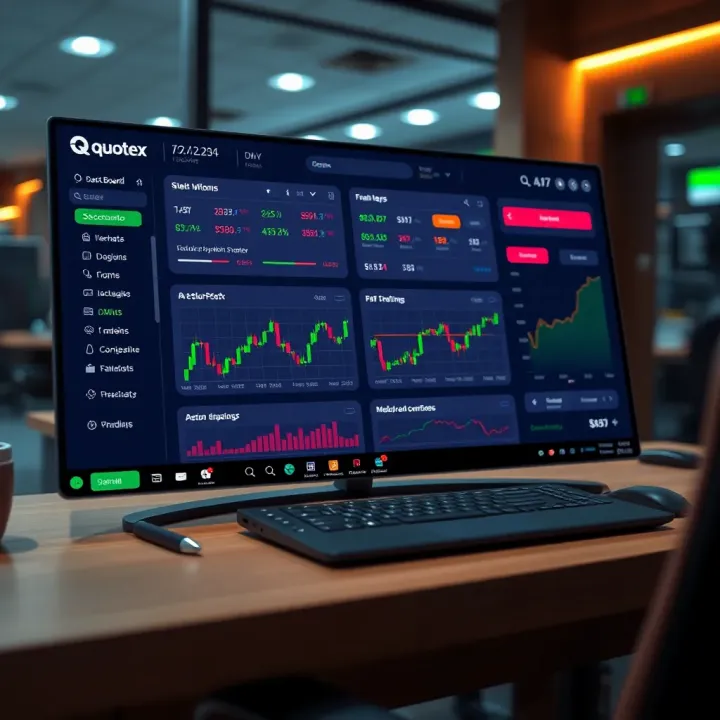 Dashboard view of Quotex trading platform after successful login showing financial charts and trading options