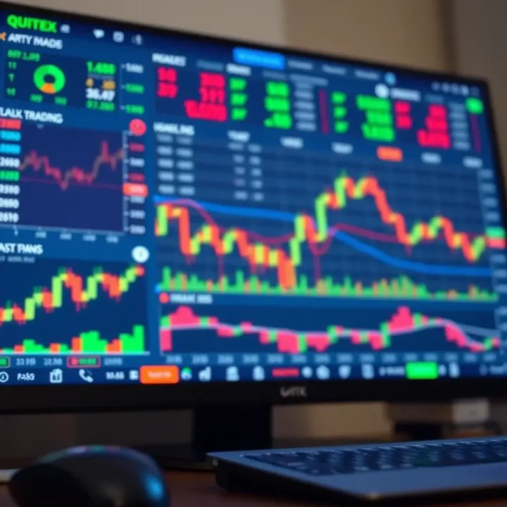 Quotex trading platform interface displaying various financial instruments and real-time market charts