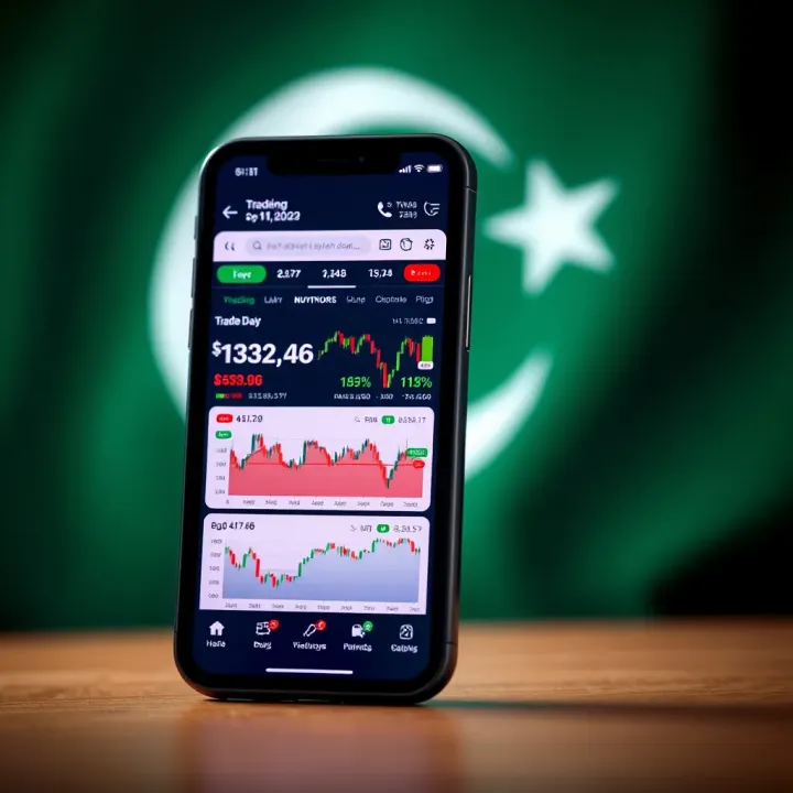 Mobile phone screen showing various trading charts and stock market data with Pakistani flag in background