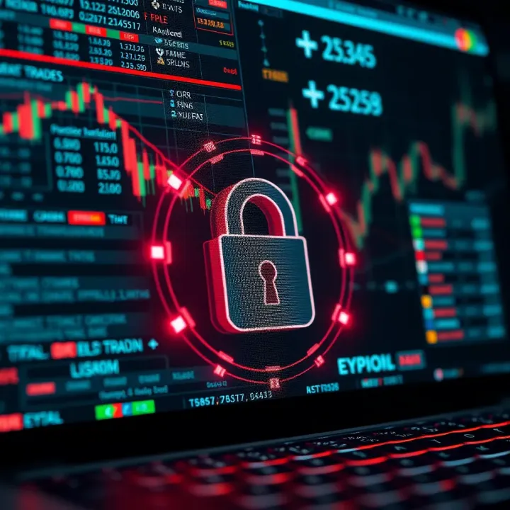 Secure online trading with encrypted data and lock symbol representing cybersecurity