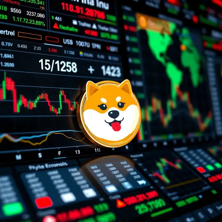 Digital dashboard displaying cryptocurrency prices with focus on Shiba Inu coin alongside global economic indicators