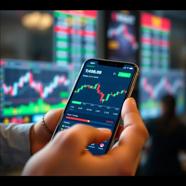 Mobile phone displaying a trading app interface with charts and market data