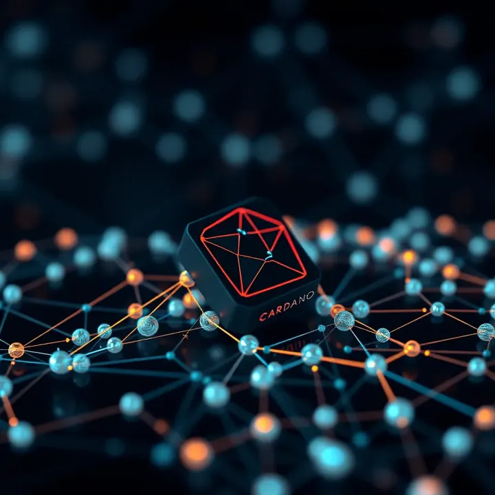 Digital representation of Cardano blockchain technology with connected nodes and tech updates