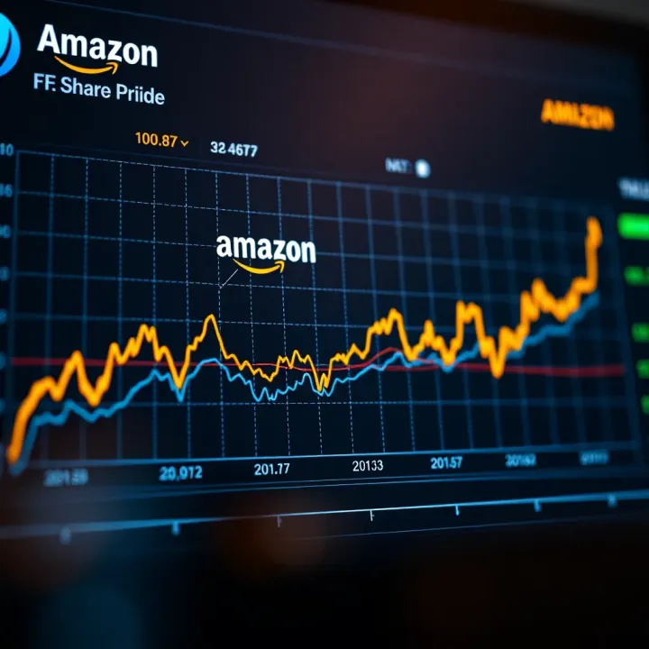 Graph showing fluctuations in Amazon's share price over time with highlighted peaks and troughs