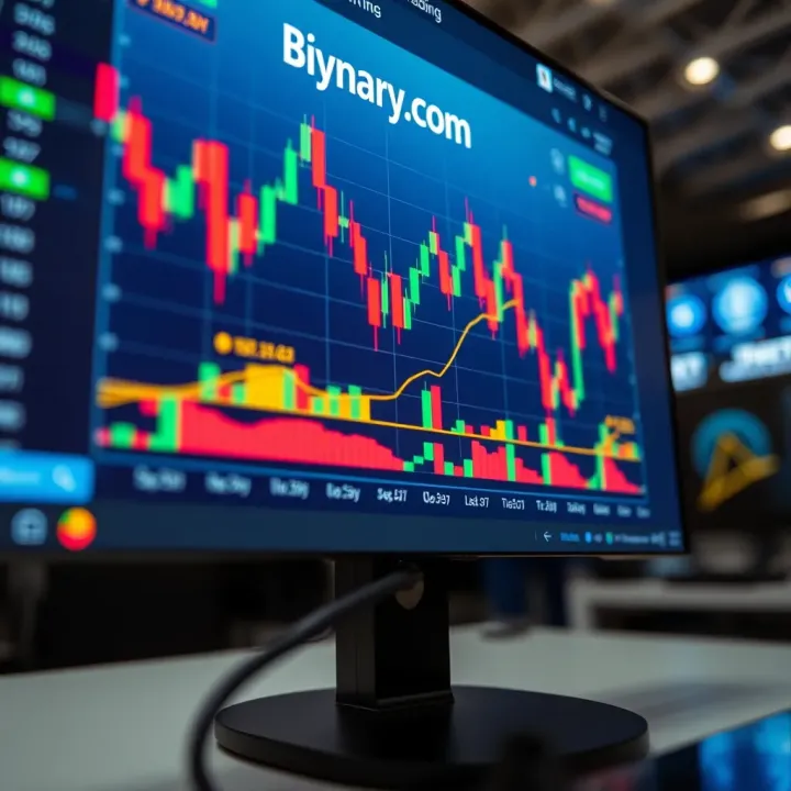 Binary.com Trading Platform Interface and Market Trends Graph showing financial market trends with binary options trading interface on screen