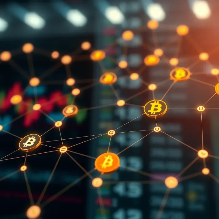 Digital representation of cryptocurrency symbols connected by network lines symbolizing real-time trading signals