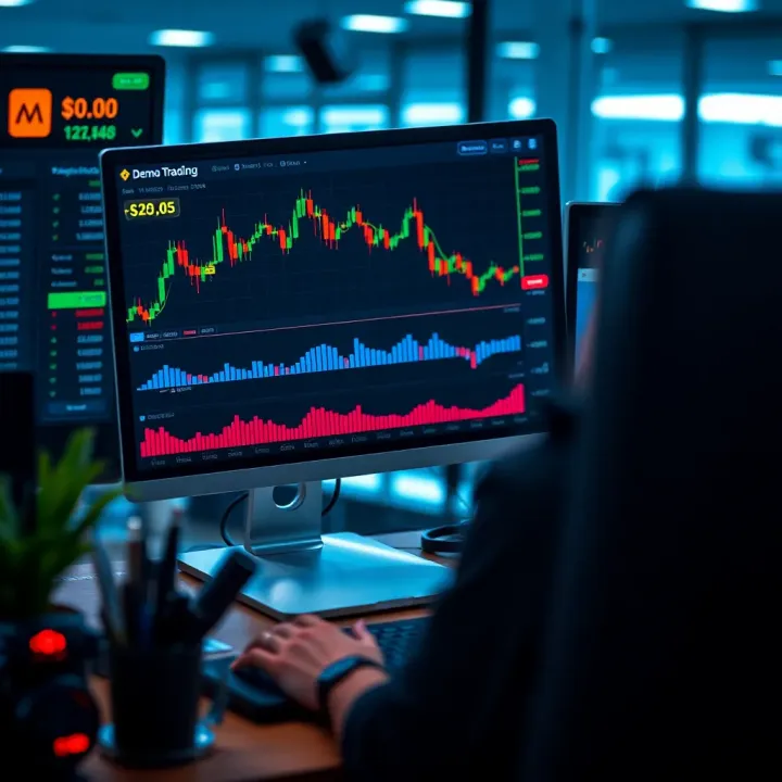 Trader using a computer screen displaying a demo trading platform with charts and virtual money balance