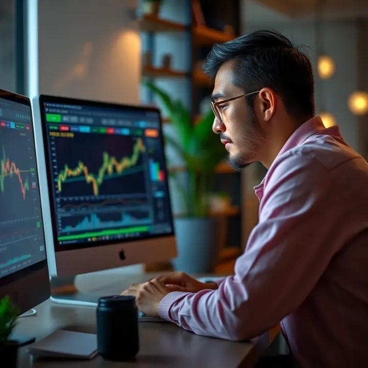 Visual representation of a beginner engaging with a demo account on a computer, illustrating risk-free learning in financial markets
