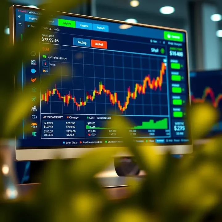 Digital trading platform interface showing simulated market charts and virtual currency balances for practice