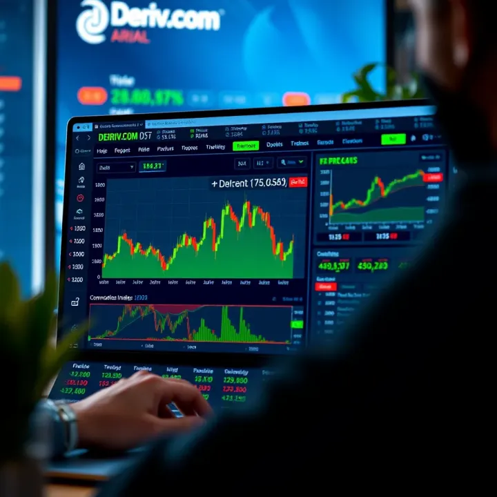 Overview of Deriv.com trading platform interface showing forex, commodities, and synthetic indices options