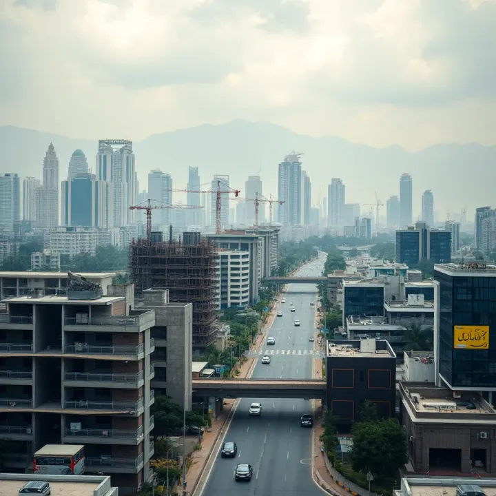 Urban Growth and Infrastructure Impact on Land Prices in Pakistan Urban skyline showcasing diverse buildings with ongoing construction projects illustrating rapid urbanization and infrastructure development