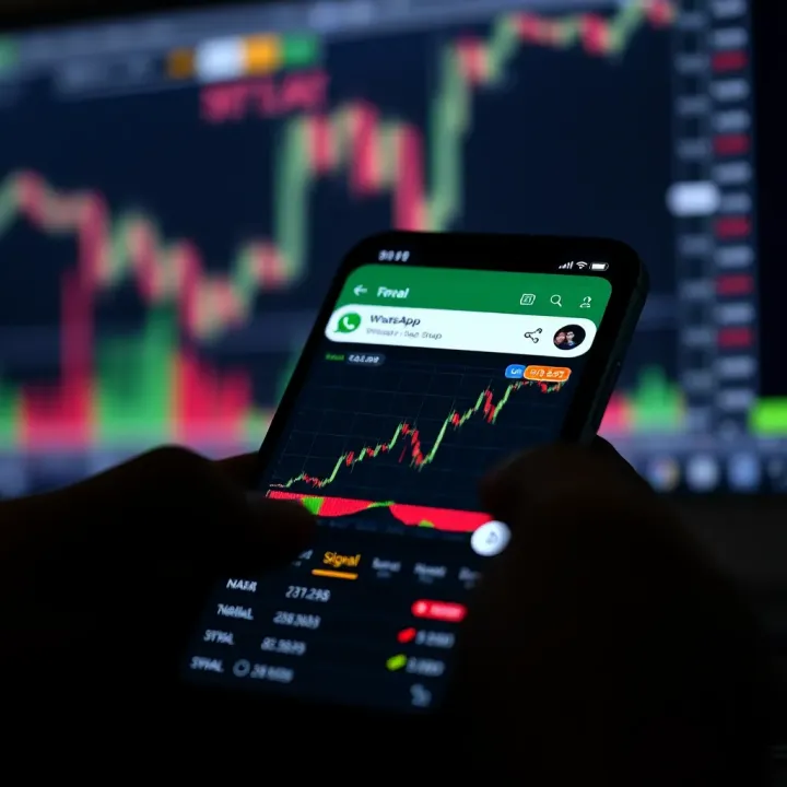 Mobile phone screen displaying a forex trading chart with signal notifications from a WhatsApp group