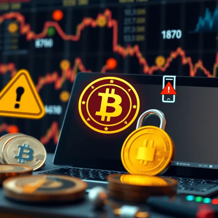 Conceptual illustration of risks and legitimacy in cryptocurrency investments with caution symbols and secure digital elements