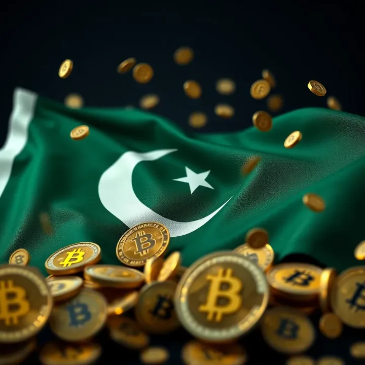 Illustration of the Pakistan flag with digital cryptocurrency symbols surrounding it representing Binance regulation