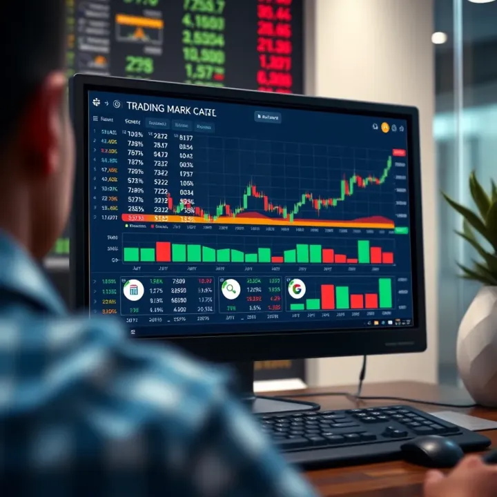 Illustration of a computer screen displaying a trading dashboard with market data and regulatory icons