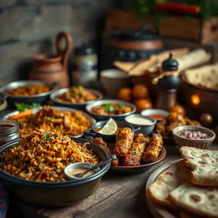 Assortment of traditional Pakistani dishes including biryani, kebabs, and naan bread on a rustic table