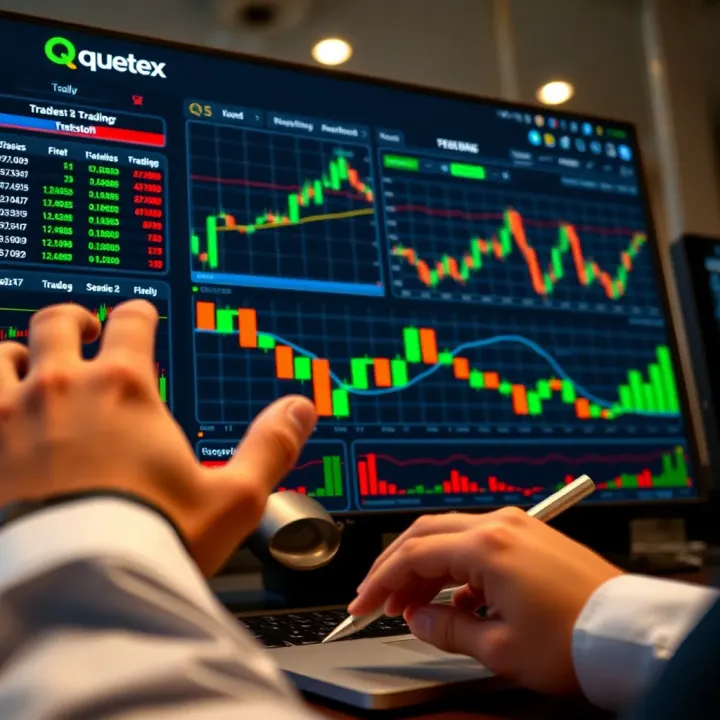 User interacting with Quetex trading platform dashboard displaying various financial instruments and charts