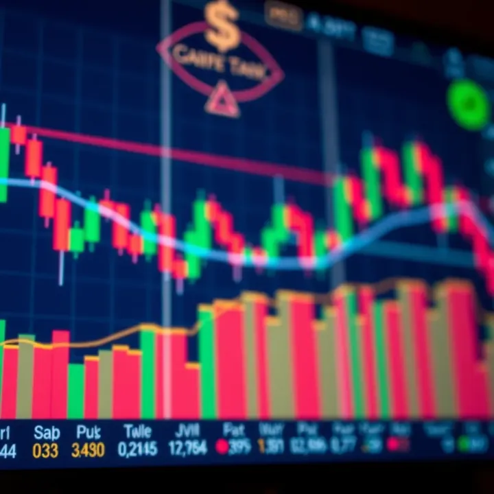 Candlestick Chart Illustrating Market Trends and Volume Candlestick trading chart displaying market price movement and volume indicators