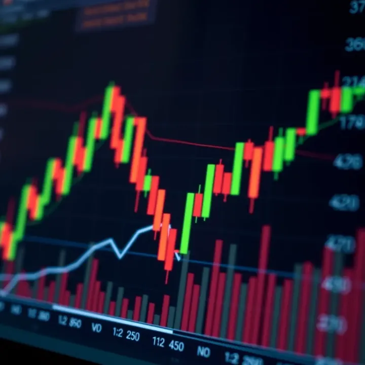 Detailed candlestick chart showing price movements and volume indicators
