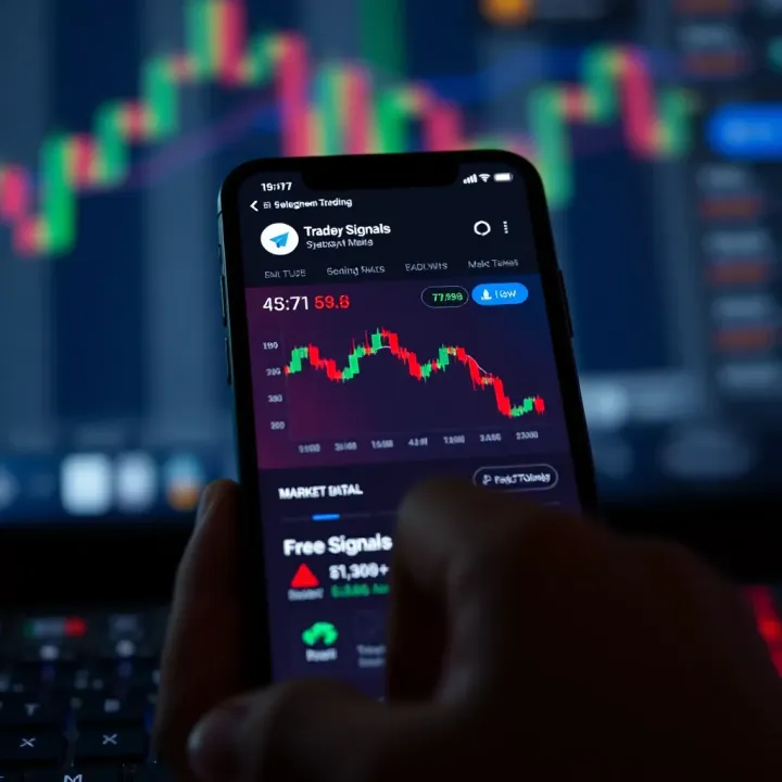 Illustration of a smartphone screen displaying a Telegram channel focused on trading signals with charts and market data visible