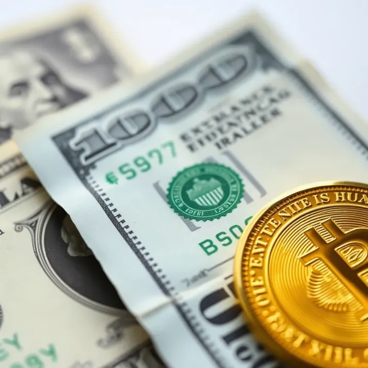 Close-up of a gold coin next to US dollar bills symbolizing exchange rates