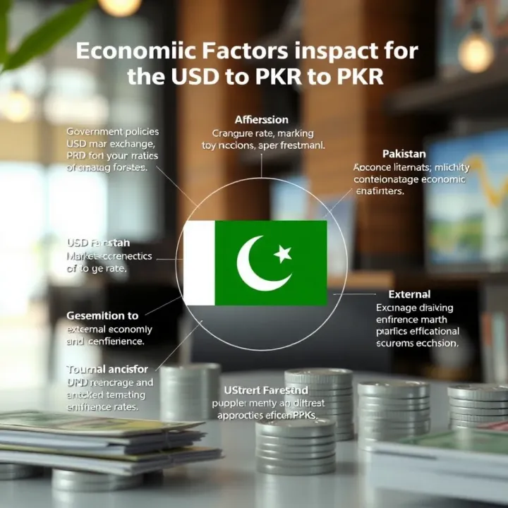 Illustration showing factors influencing the USD to PKR exchange rate including government policies, market dynamics, and external economic influences