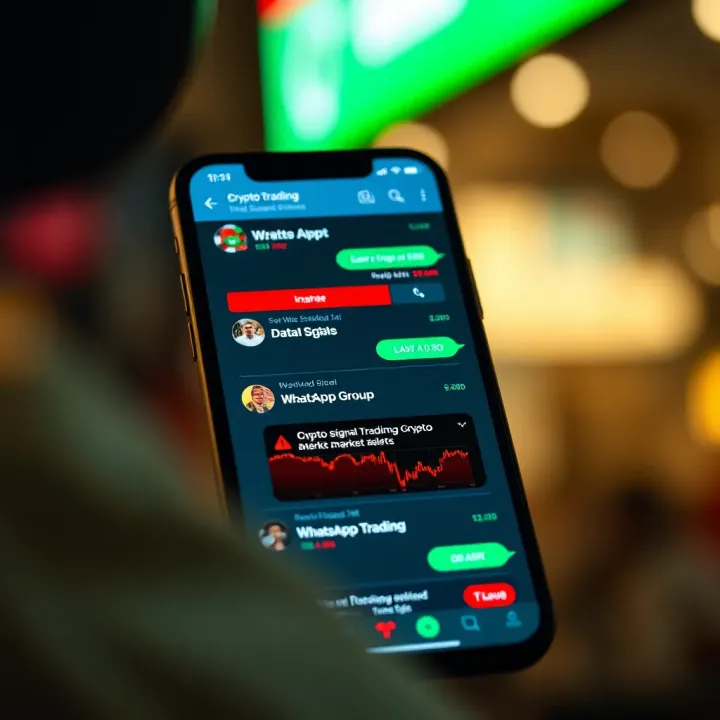 Mobile phone screen displaying WhatsApp chat with highlighted crypto trading alerts and market insights